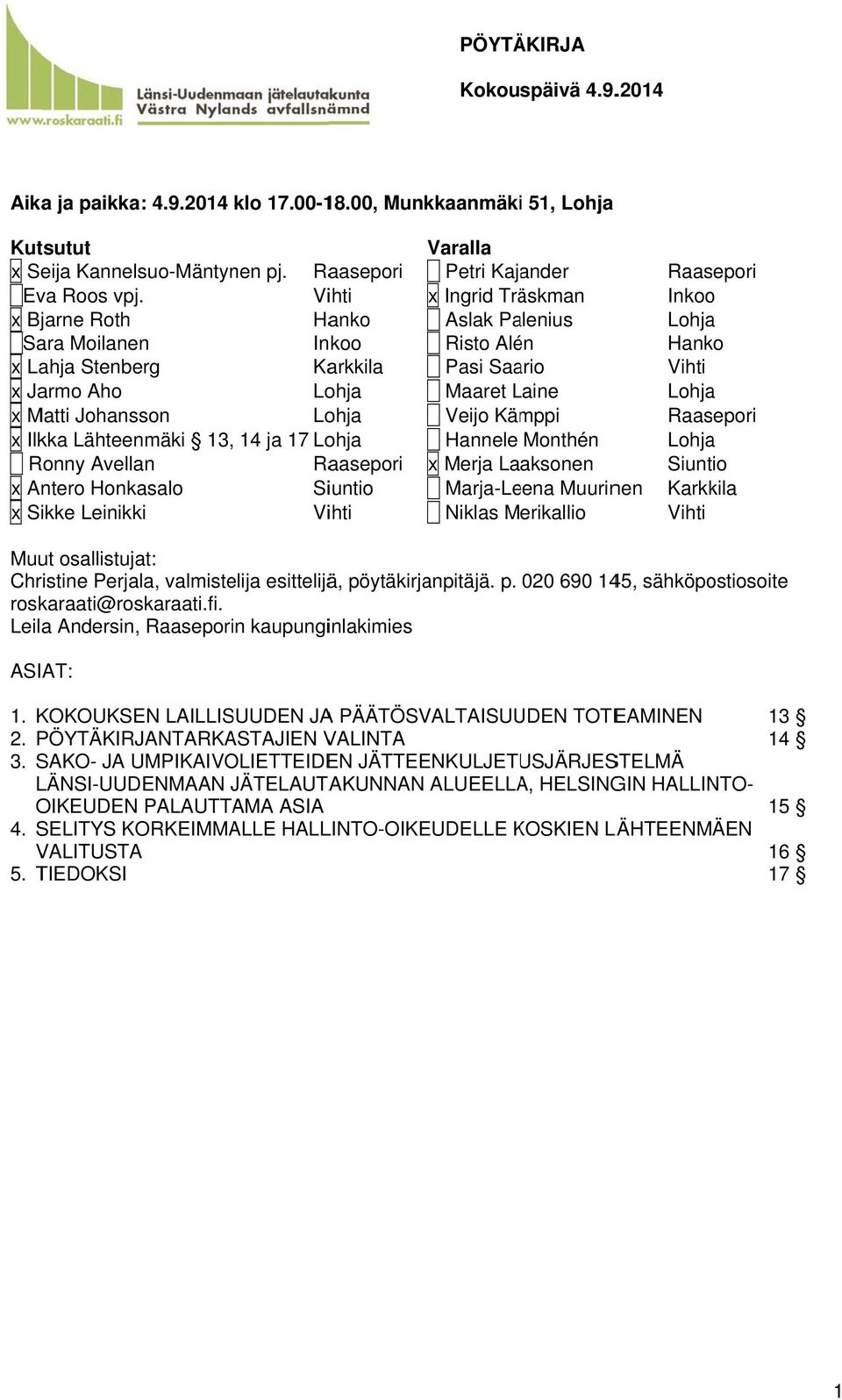 Siuntio x Sikke Leinikki Vihti Varalla Petri Kajander x Ingrid Träskman Aslak Palenius Risto Alén Pasi Saario Maaret LaineL Veijo Kämppi Hannele Monthén x Merja Laaksonen Marja-Leena Muurinen Niklas
