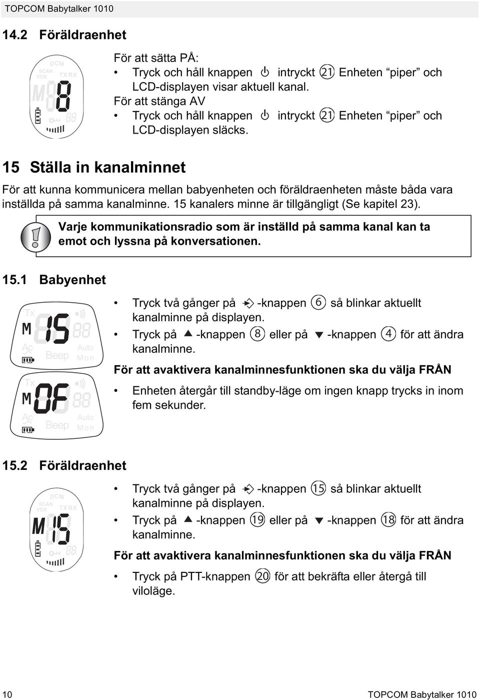 15 Ställa in kanalminnet För att kunna kommunicera mellan babyenheten och föräldraenheten måste båda vara inställda på samma kanalminne. 15 kanalers minne är tillgängligt (Se kapitel 23).