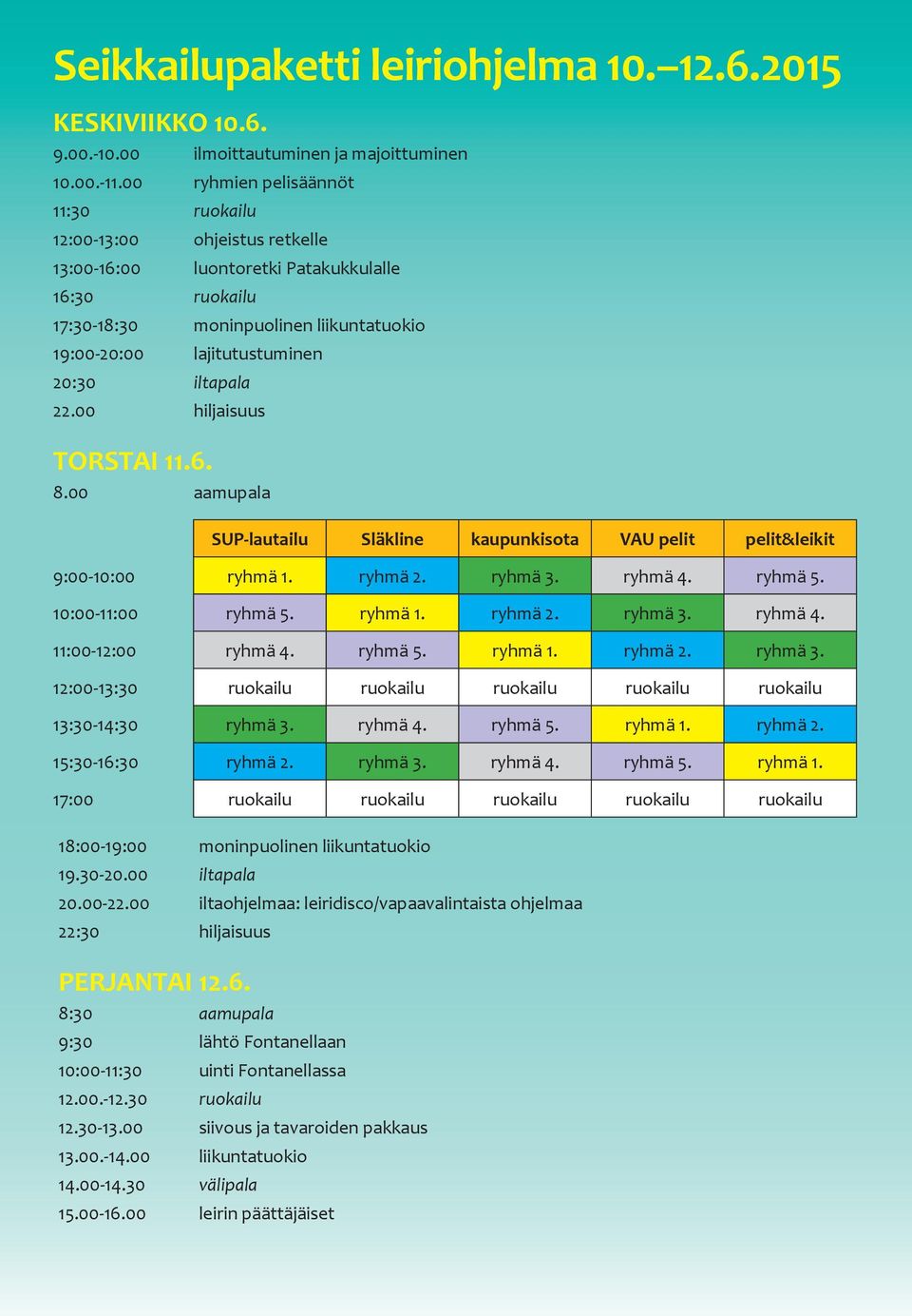 iltapala 22.00 hiljaisuus TORSTAI 11.6. 8.00 aamupala SUP-lautailu Släkline kaupunkisota VAU pelit pelit&leikit 9:00-10:00 ryhmä 1. ryhmä 2. ryhmä 3. ryhmä 4. ryhmä 5. 10:00-11:00 ryhmä 5. ryhmä 1. ryhmä 2. ryhmä 3. ryhmä 4. 11:00-12:00 ryhmä 4.