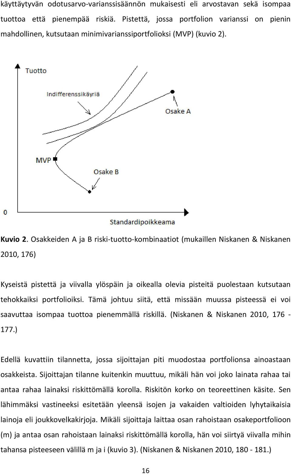 Osakkeiden A ja B riski-tuotto-kombinaatiot (mukaillen Niskanen & Niskanen 2010, 176) Kyseistä pistettä ja viivalla ylöspäin ja oikealla olevia pisteitä puolestaan kutsutaan tehokkaiksi portfolioiksi.