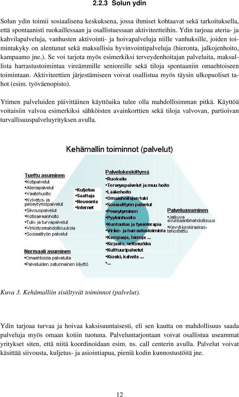 kampaamo jne.). Se voi tarjota myös esimerkiksi terveydenhoitajan palveluita, maksullista harrastustoimintaa vireämmille senioreille sekä tiloja spontaaniin omaehtoiseen toimintaan.