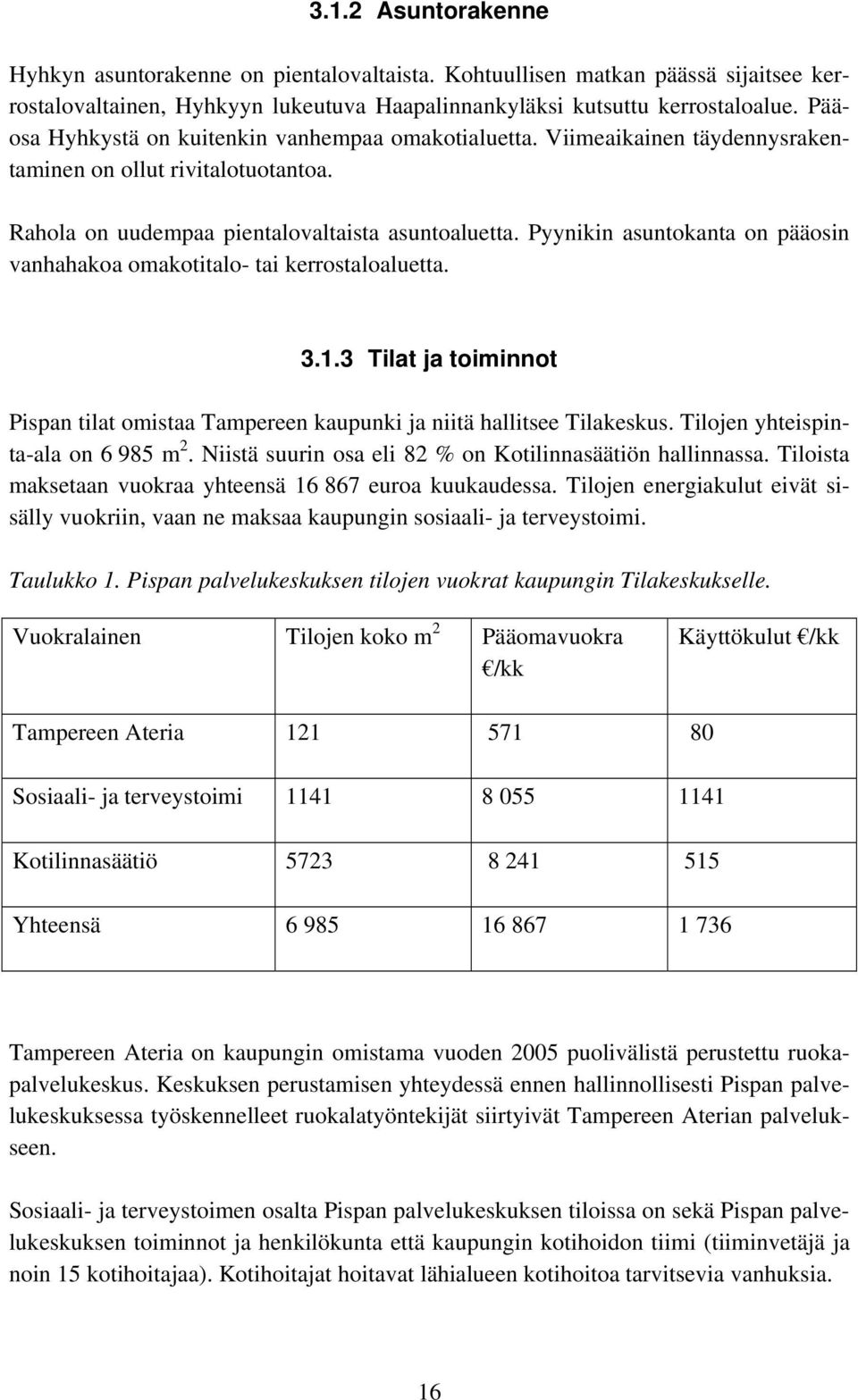 Pyynikin asuntokanta on pääosin vanhahakoa omakotitalo- tai kerrostaloaluetta. 3.1.3 Tilat ja toiminnot Pispan tilat omistaa Tampereen kaupunki ja niitä hallitsee Tilakeskus.