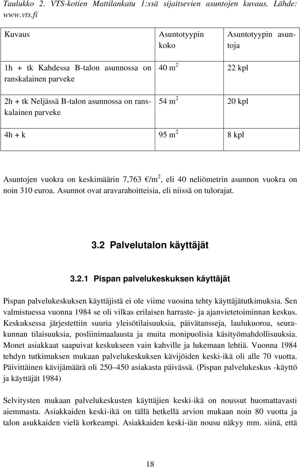 + k 95 m 2 8 kpl Asuntojen vuokra on keskimäärin 7,763 /m 2, eli 40 neliömetrin asunnon vuokra on noin 310 euroa. Asunnot ovat aravarahoitteisia, eli niissä on tulorajat. 3.2 Palvelutalon käyttäjät 3.