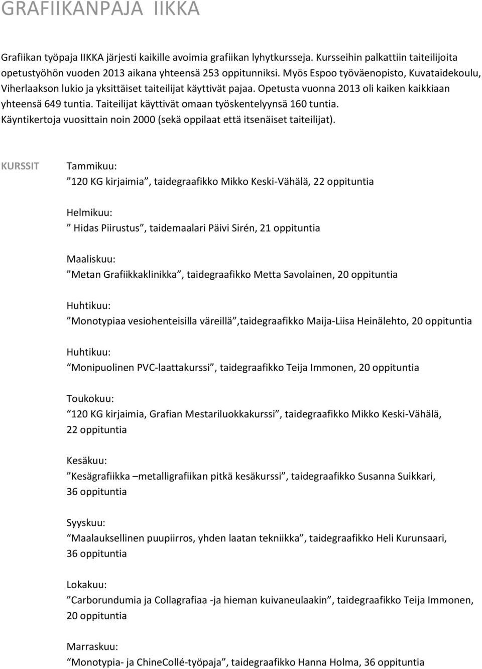 Taiteilijat käyttivät omaan työskentelyynsä 160 tuntia. Käyntikertoja vuosittain noin 2000 (sekä oppilaat että itsenäiset taiteilijat).