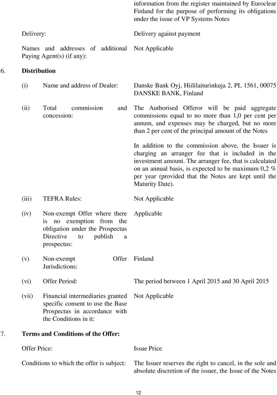 Distribution (i) Name and address of Dealer: Danske Bank Oyj, Hiililaiturinkuja 2, PL 1561, 00075 DANSKE BANK, Finland (ii) Total commission and concession: The Authorised Offeror will be paid