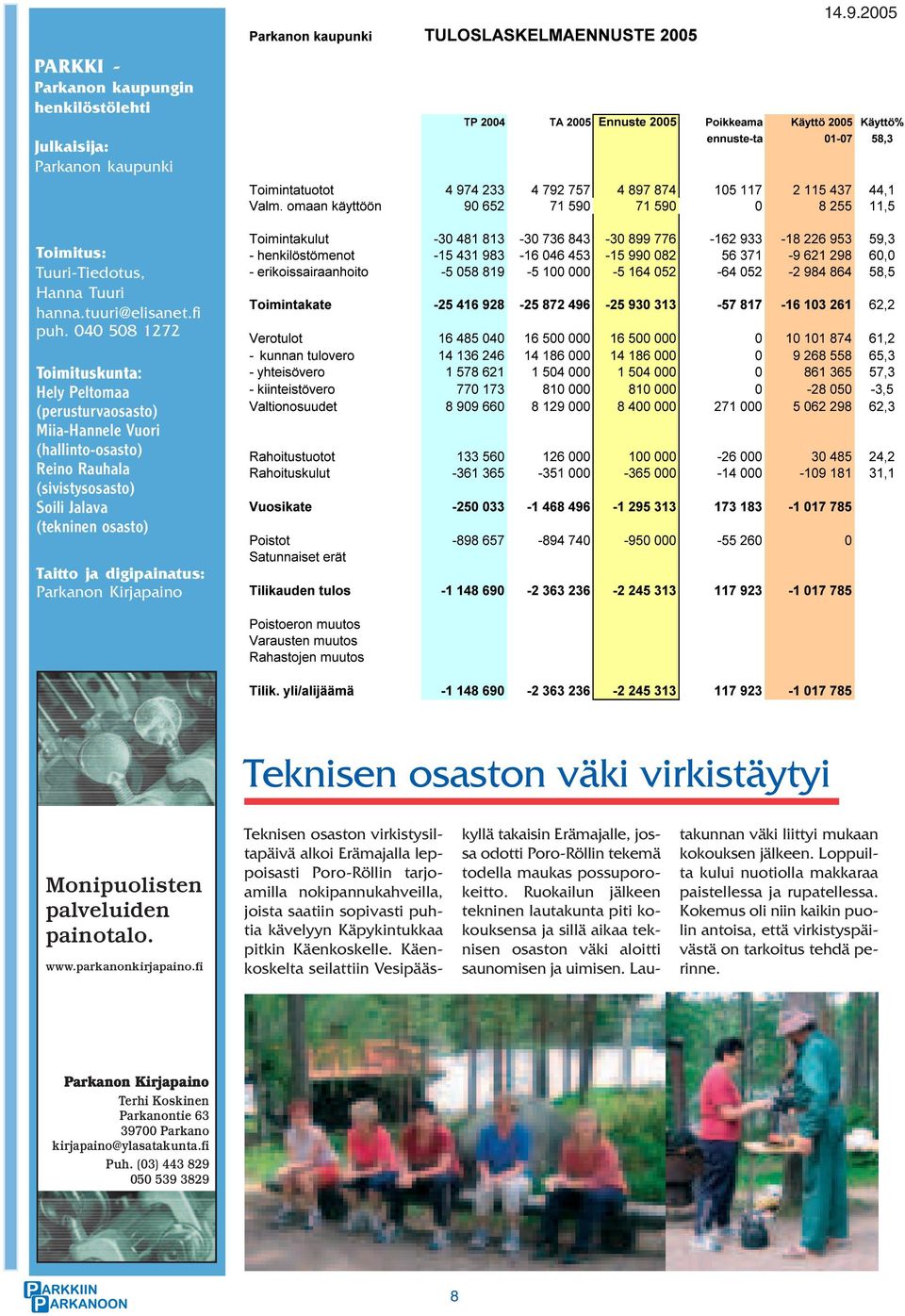 Kirjapaino Parkanon kaupunki TULOSLASKELMAENNUSTE 2005 TP 2004 TA 2005 Ennuste 2005 Poikkeama Käyttö 2005 Käyttö% ennuste-ta 01-07 58,3 Toimintatuotot 4 974 233 4 792 757 4 897 874 105 117 2 115 437