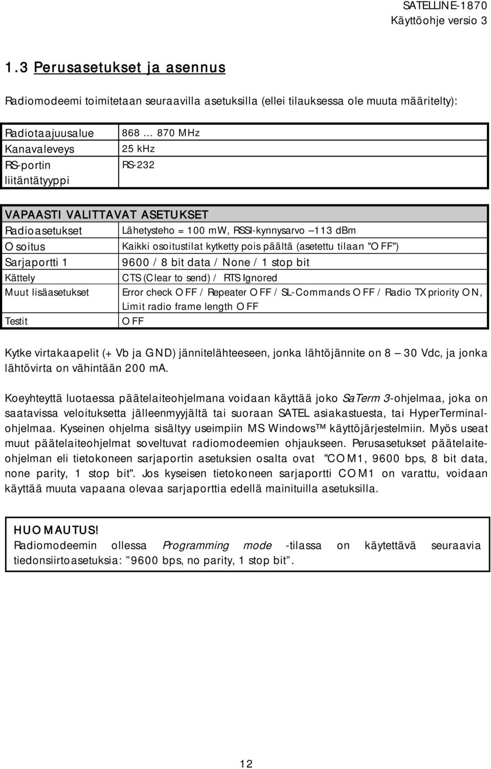 data / None / 1 stop bit Kättely CTS (Clear to send) / RTS Ignored Muut lisäasetukset Error check OFF / Repeater OFF / SL-Commands OFF / Radio TX priority ON, Limit radio frame length OFF Testit OFF