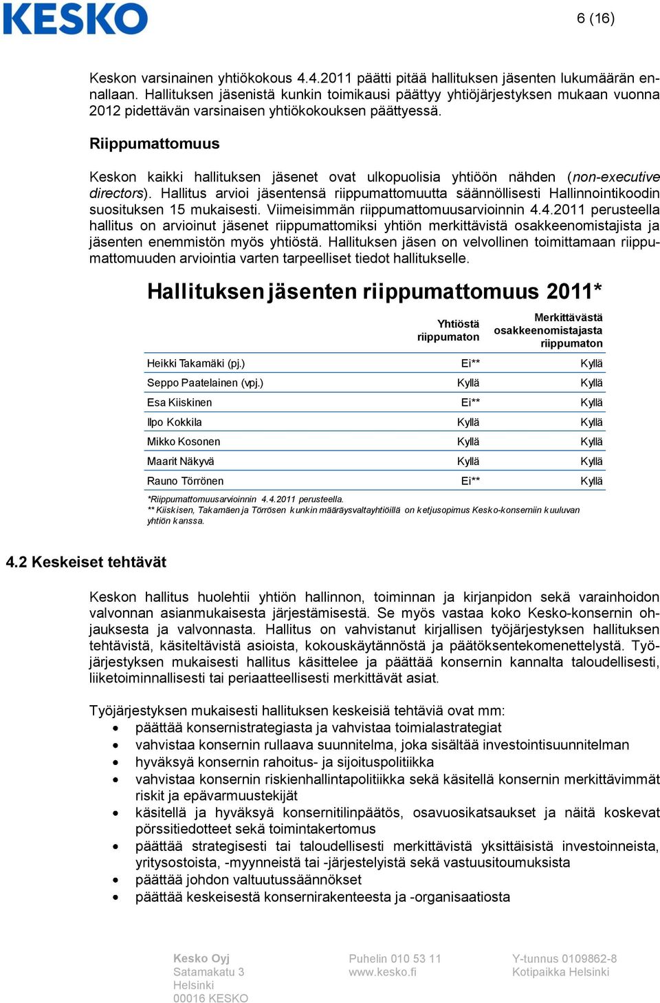 Riippumattomuus Keskon kaikki hallituksen jäsenet ovat ulkopuolisia yhtiöön nähden (non-executive directors).