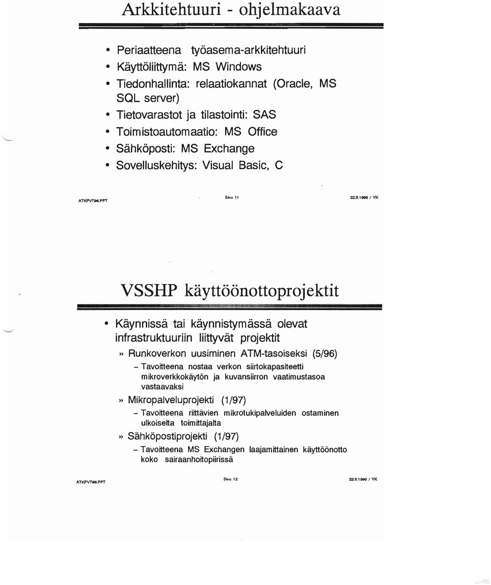1998 J '()( VSSHP käyttöönottoprojektit Käynnissä tai käynnistymässä olevat infrastruktuuriin liittyvät projektit» Runkoverkon uusiminen ATM-tasoiseksi (5/96) - Tavoitteena nostaa verkon