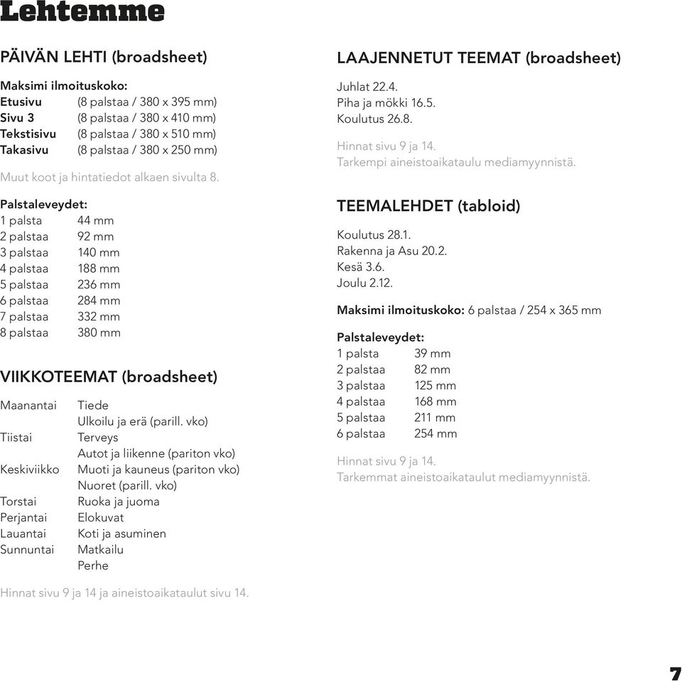 Palstaleveydet: 1 palsta 44 mm 2 palstaa 92 mm 3 palstaa 140 mm 4 palstaa 188 mm 5 palstaa 236 mm 6 palstaa 284 mm 7 palstaa 332 mm 8 palstaa 380 mm VIIKKOTEEMAT (broadsheet) Maanantai Tiistai