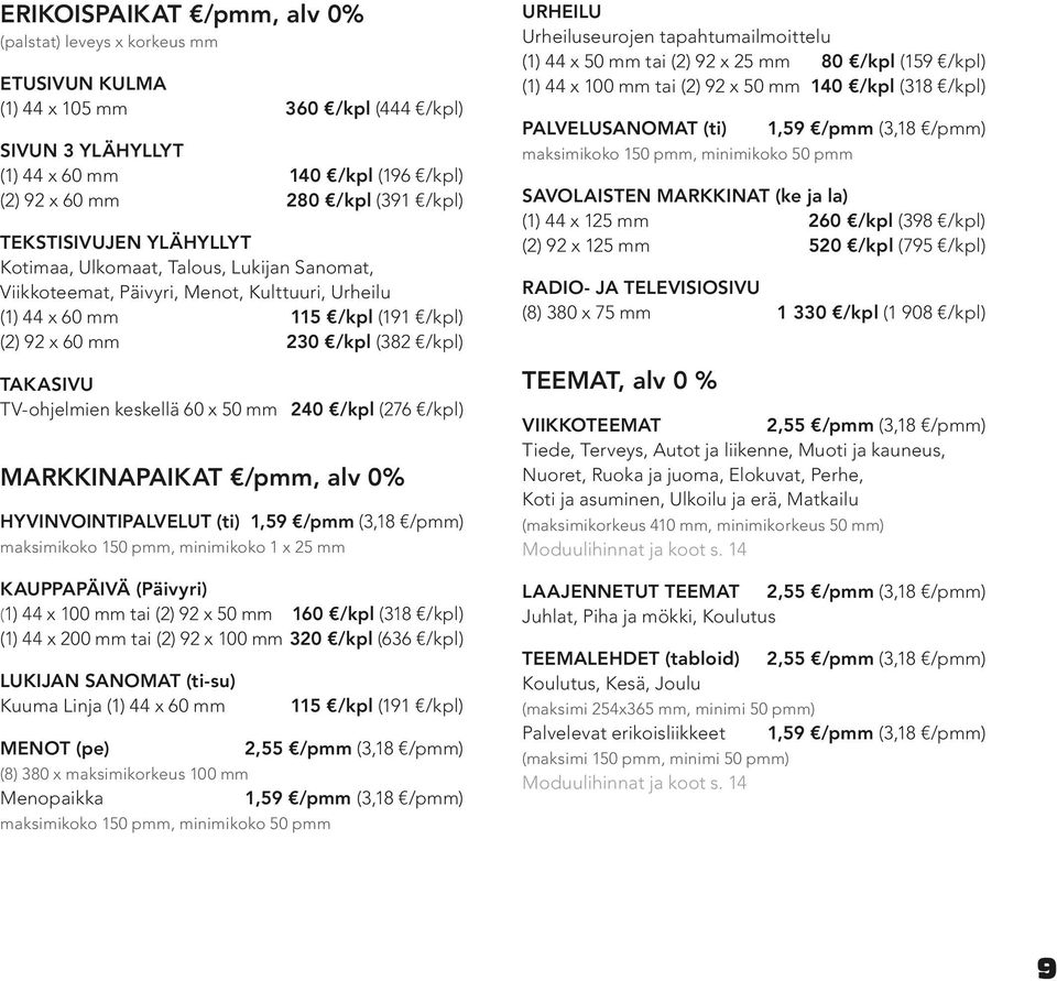 TV-ohjelmien keskellä 60 x 50 mm 240 /kpl (276 /kpl) MARKKINAPAIKAT /pmm, alv 0% HYVINVOINTIPALVELUT (ti) 1,59 /pmm (3,18 /pmm) maksimikoko 150 pmm, minimikoko 1 x 25 mm KAUPPAPÄIVÄ (Päivyri) (1) 44