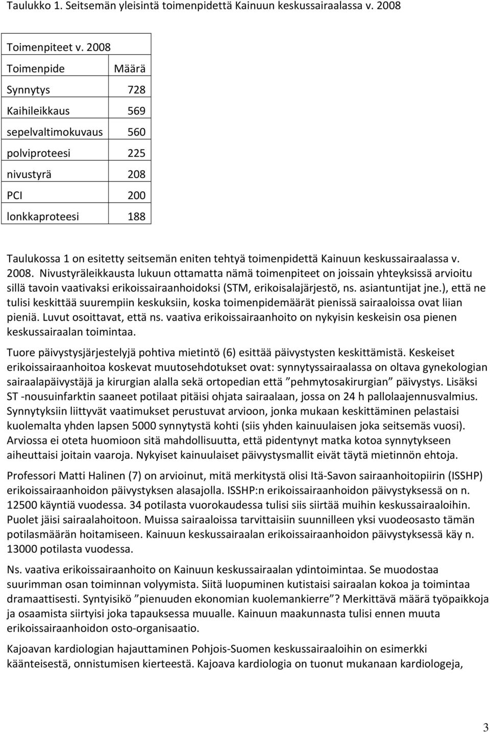 Kainuun keskussairaalassa v. 2008. Nivustyräleikkausta lukuun ottamatta nämä toimenpiteet on joissain yhteyksissä arvioitu sillä tavoin vaativaksi erikoissairaanhoidoksi (STM, erikoisalajärjestö, ns.