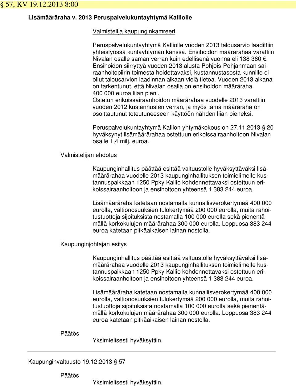 Ensihoidon määrärahaa varattiin Nivalan osalle saman verran kuin edellisenä vuonna eli 138 360.