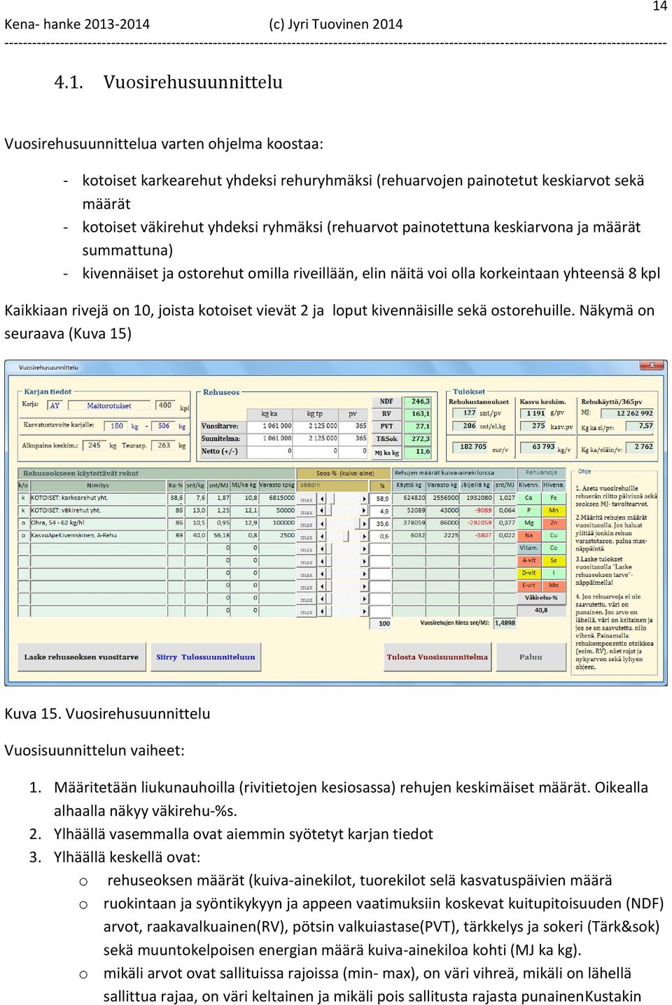 vievät 2 ja loput kivennäisille sekä ostorehuille. Näkymä on seuraava (Kuva 15) Kuva 15. Vuosirehusuunnittelu Vuosisuunnittelun vaiheet: 1.