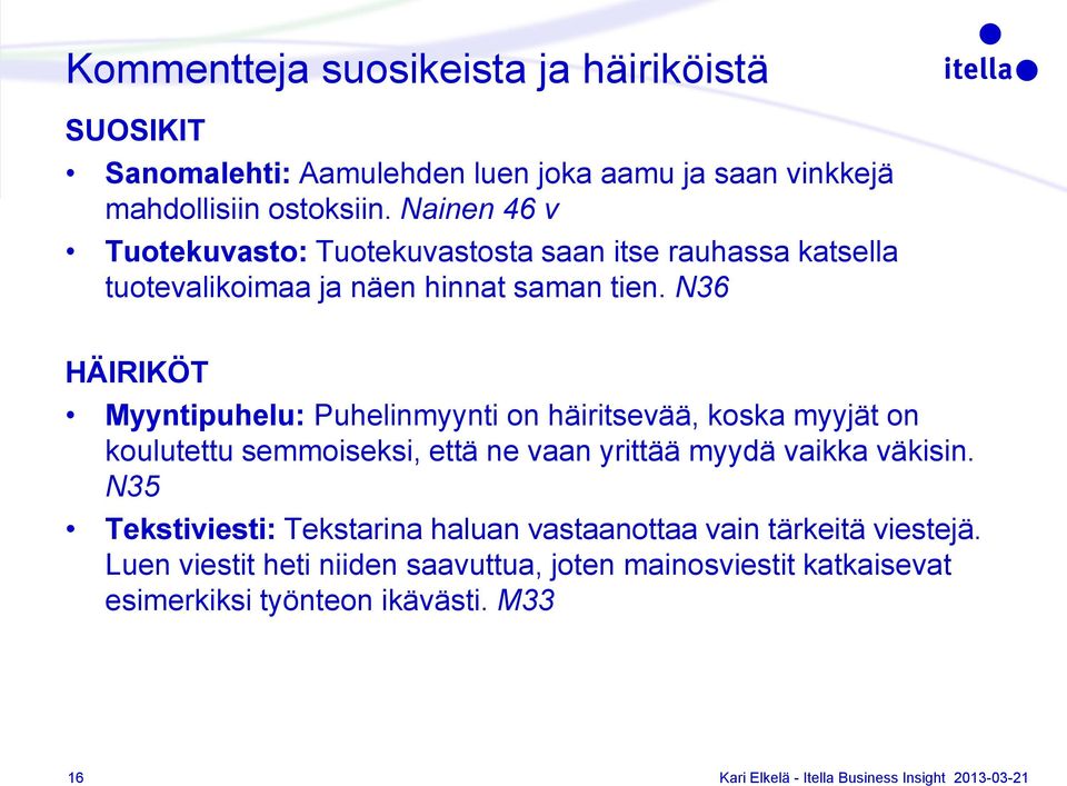 N36 HÄIRIKÖT Myyntipuhelu: Puhelinmyynti on häiritsevää, koska myyjät on koulutettu semmoiseksi, että ne vaan yrittää myydä vaikka väkisin.