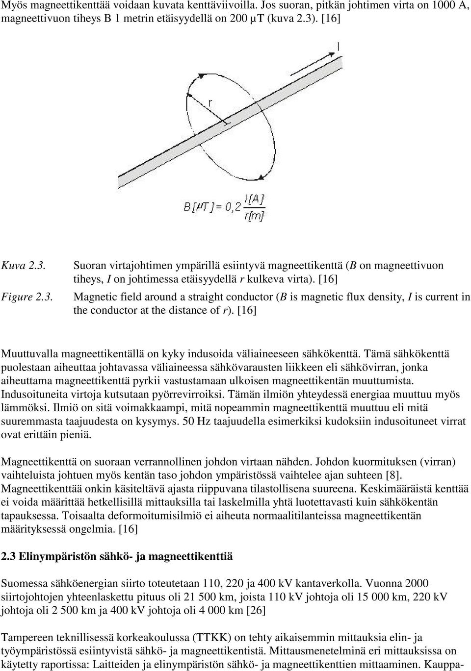 [16] Magnetic field around a straight conductor (B is magnetic flux density, I is current in the conductor at the distance of r).