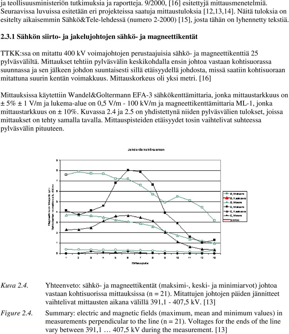 1 Sähkön siirto- ja jakelujohtojen sähkö- ja magneettikentät TTKK:ssa on mitattu 400 kv voimajohtojen perustaajuisia sähkö- ja magneettikenttiä 25 pylväsväliltä.