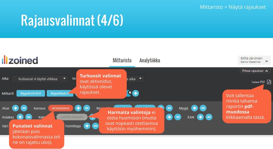 Turkoosit valinnat ovat aktivoidut, käytössä olevat rajaukset.