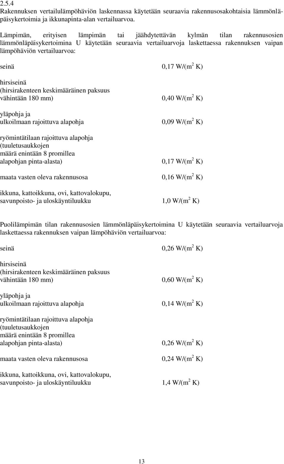 seinä 0,17 W/(m 2 K) hirsiseinä (hirsirakenteen keskimääräinen paksuus vähintään 180 mm) 0,40 W/(m 2 K) yläpohja ja ulkoilmaan rajoittuva alapohja 0,09 W/(m 2 K) ryömintätilaan rajoittuva alapohja