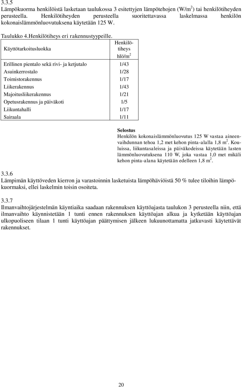 Käyttötarkoitusluokka Henkilötiheys hlö/m 2 Erillinen pientalo sekä rivi- ja ketjutalo 1/43 Asuinkerrostalo 1/28 Toimistorakennus 1/17 Liikerakennus 1/43 Majoitusliikerakennus 1/21 Opetusrakennus ja