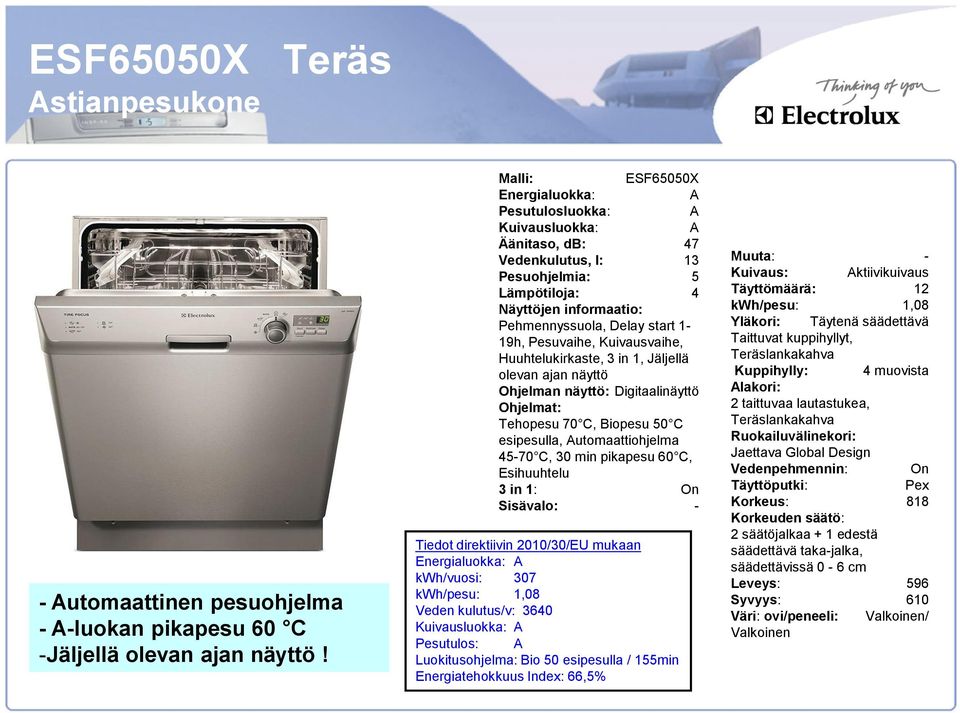 Pesuvaihe, Kuivausvaihe, Huuhtelukirkaste, 3 in 1, Jäljellä olevan ajan näyttö Ohjelman näyttö: Digitaalinäyttö Ohjelmat: Tehopesu 70 C, Biopesu 50 C esipesulla, Automaattiohjelma 45-70 C, 30 min