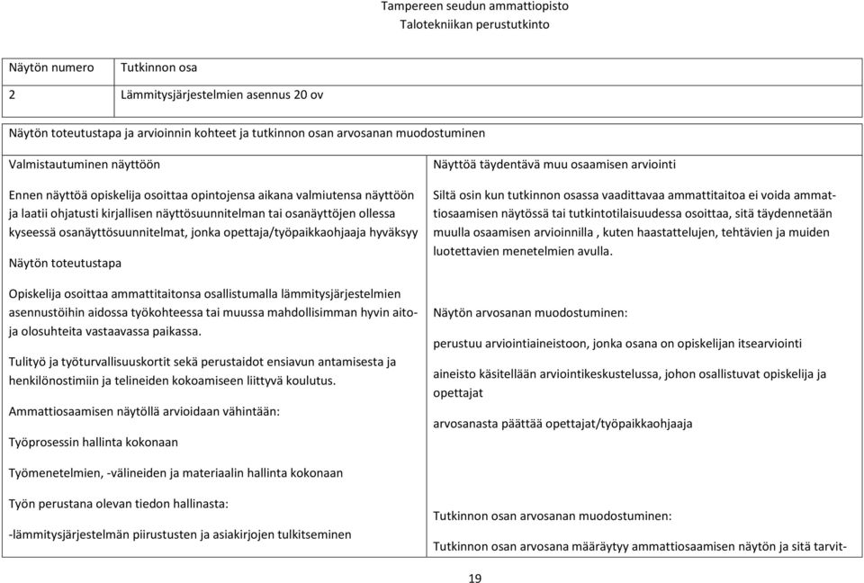 hyväksyy Näytön toteutustapa osoittaa ammattitaitonsa osallistumalla lämmitysjärjestelmien asennustöihin aidossa työkohteessa tai muussa mahdollisimman hyvin aitoja olosuhteita vastaavassa paikassa.