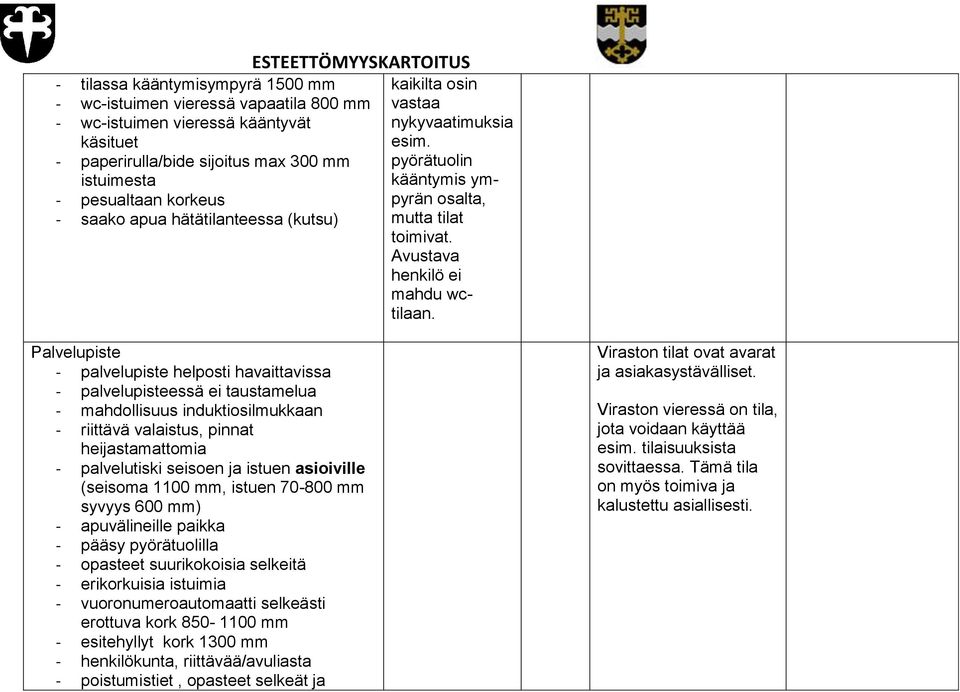 Palvelupiste - palvelupiste helposti havaittavissa - palvelupisteessä ei taustamelua - mahdollisuus induktiosilmukkaan - riittävä valaistus, pinnat heijastamattomia - palvelutiski seisoen ja istuen