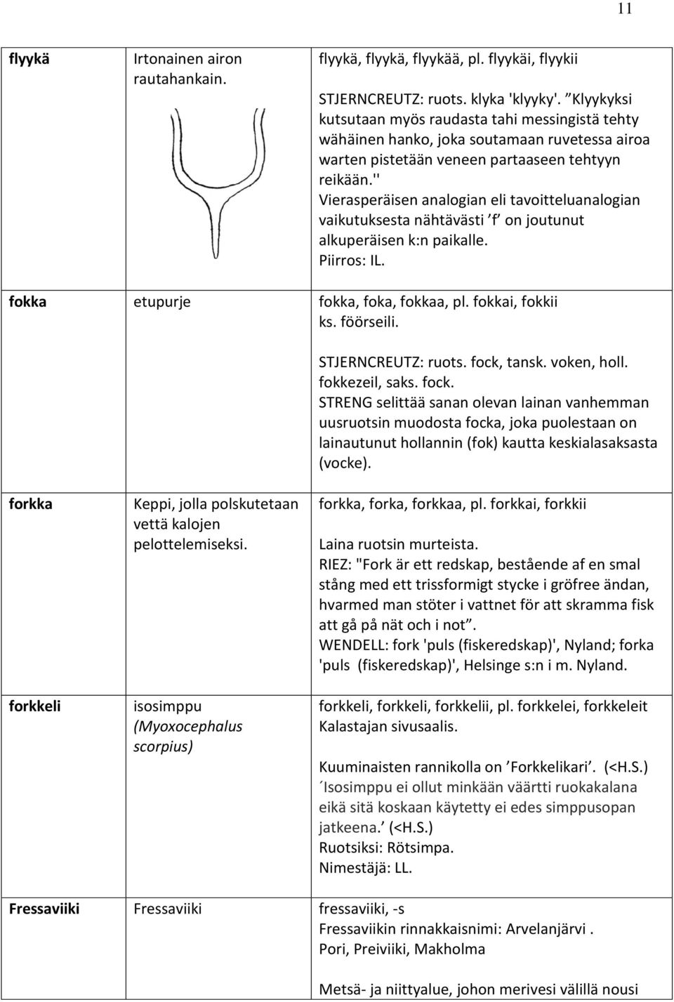 '' Vierasperäisen analogian eli tavoitteluanalogian vaikutuksesta nähtävästi f on joutunut alkuperäisen k:n paikalle. Piirros: IL. fokka etupurje fokka, foka, fokkaa, pl. fokkai, fokkii ks. föörseili.