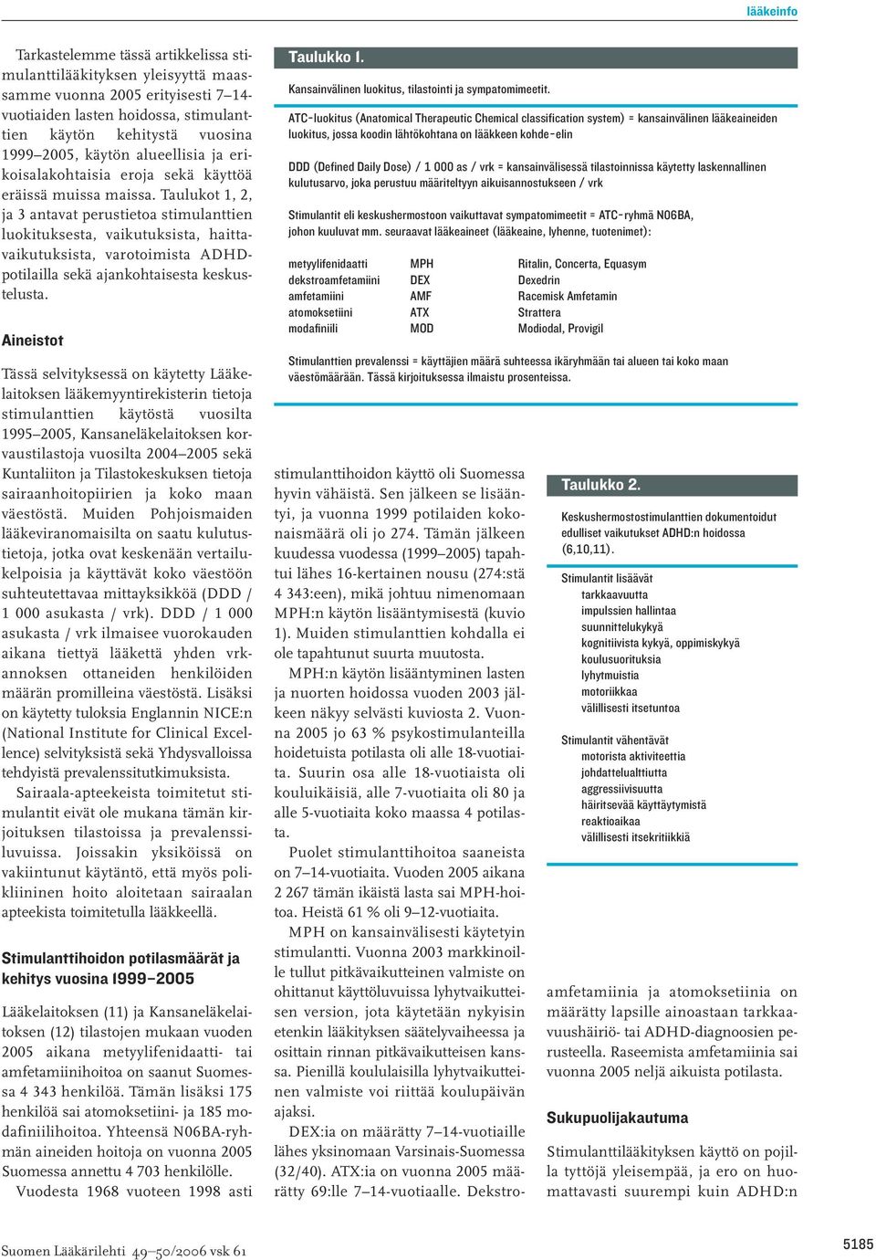 Taulukot 1, 2, ja 3 antavat perustietoa stimulanttien luokituksesta, vaikutuksista, haittavaikutuksista, varotoimista ADHDpotilailla sekä ajankohtaisesta keskustelusta.