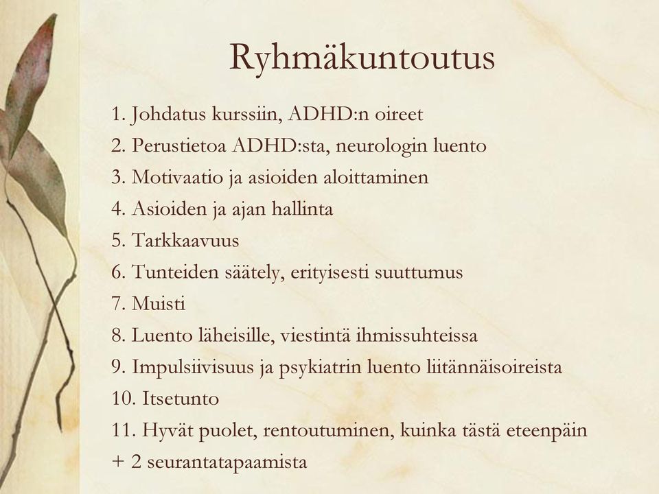 Tunteiden säätely, erityisesti suuttumus 7. Muisti 8. Luento läheisille, viestintä ihmissuhteissa 9.