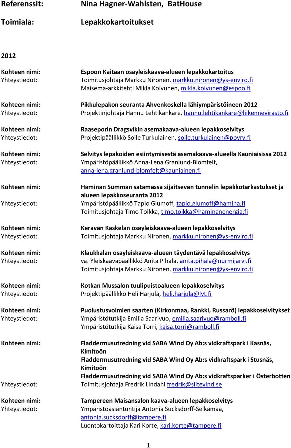 fi Selvitys lepakoiden esiintymisestä asemakaava-alueella Kauniaisissa 2012 Ympäristöpäällikkö Anna-Lena Granlund-Blomfelt, anna-lena.granlund-blomfelt@kauniainen.