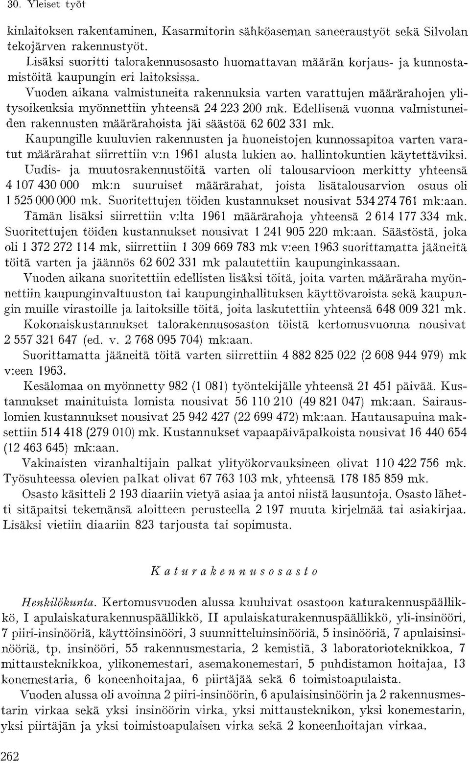 Vuoden aikana valmistuneita rakennuksia varten varattujen määrärahojen ylitysoikeuksia myönnettiin yhteensä 00 mk. Edellisenä vuonna valmistuneiden rakennusten määrärahoista jäi säästöä 6 60 mk.