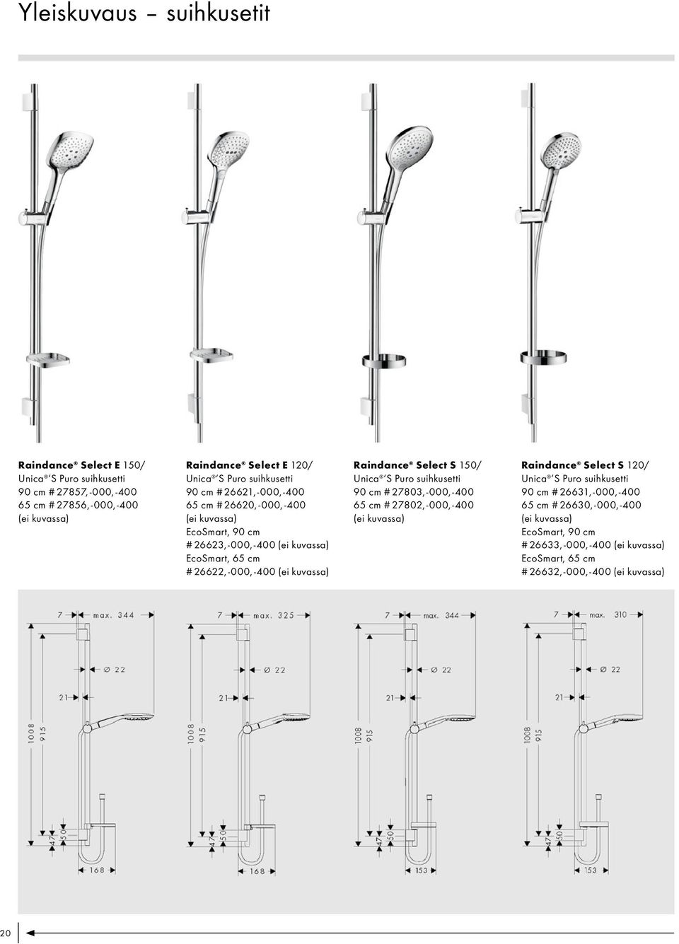 (ei kuvassa) Raindance Select S 150/ Unica S Puro suihkusetti 90 cm # 27803, -000, -400 65 cm # 27802, -000, -400 (ei kuvassa) Raindance Select S 120/ Unica S Puro