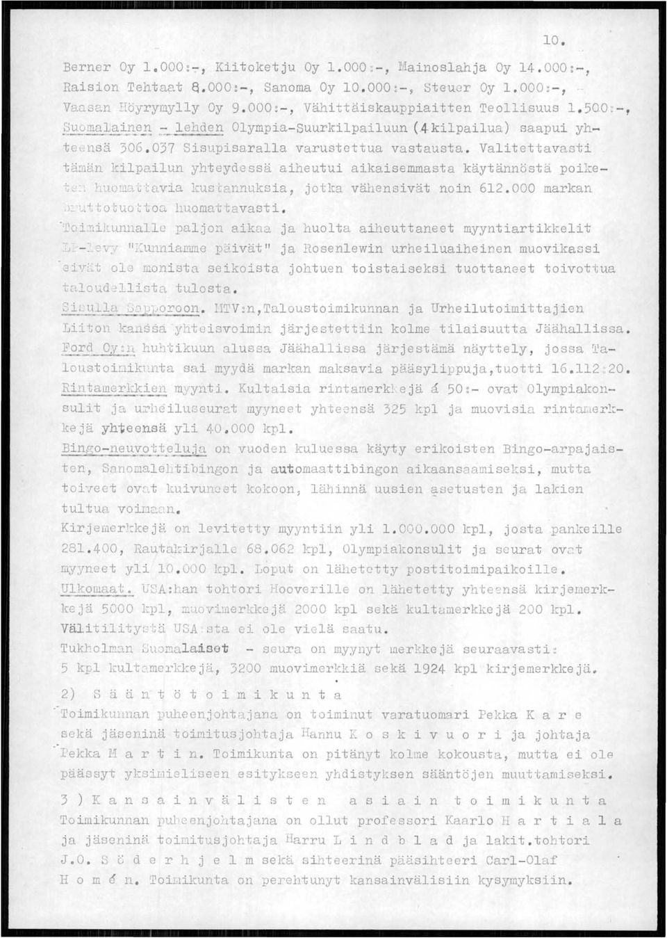 Valitettavasti tä:::län l,::ilpa ilun yhteydessä aiheutui aikaisemmasta käytännöstä poike- -!;~,' l4uo:2o.c'ccwia kustannuksia, jotka vähensivät noin 612.000 markan ) ~.1 J (;0 GUO tion huomattavasti.