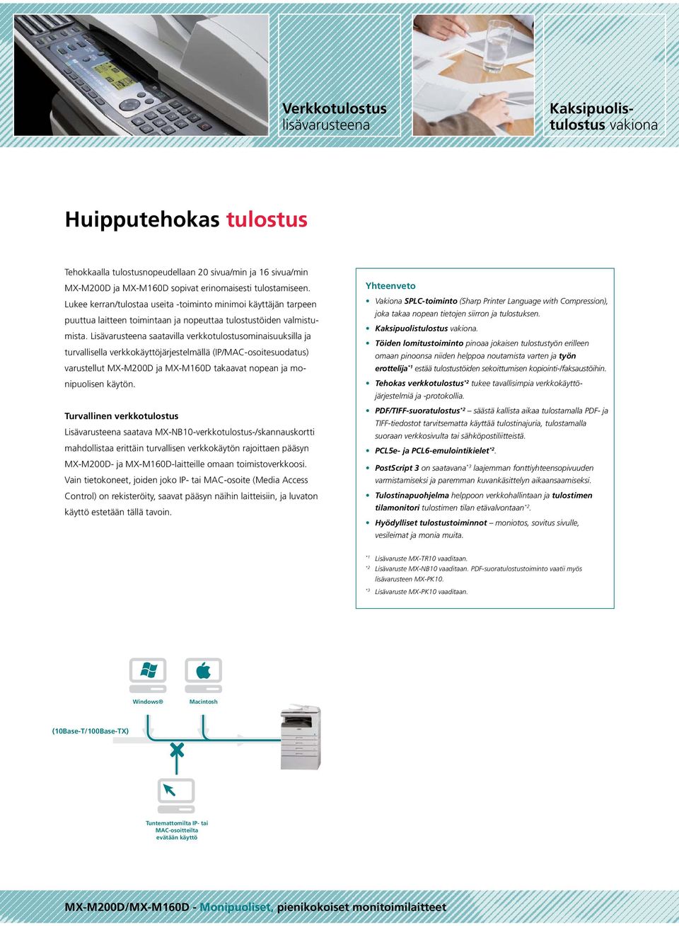 Lisävarusteena saatavilla verkkotulostusominaisuuksilla ja turvallisella verkkokäyttöjärjestelmällä (IP/MAC-osoitesuodatus) varustellut MX-M200D ja MX-M60D takaavat nopean ja monipuolisen käytön.