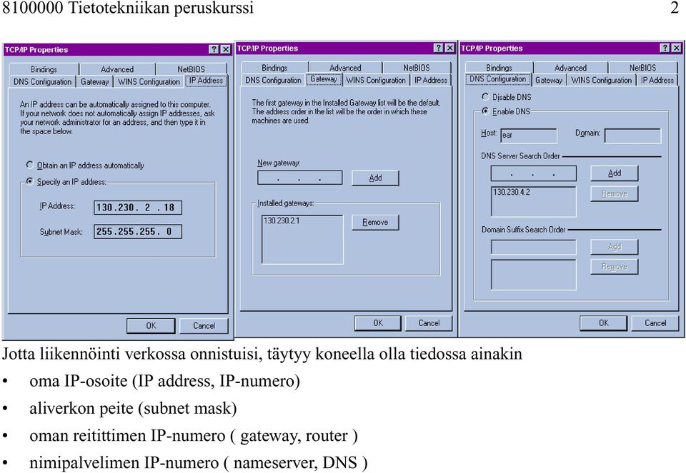 address, IP-numero) aliverkon peite (subnet mask) oman reitittimen