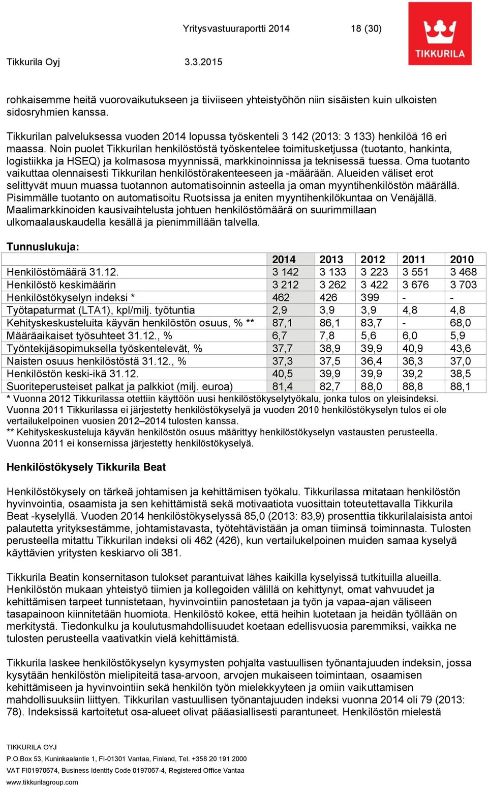 Noin puolet Tikkurilan henkilöstöstä ä työskentelee toimitusketjussa (tuotanto, hankinta, logistiikka ja HSEQ) ja kolmasosa myynnissä, markkinoinnissa ja teknisessä t tuessa.