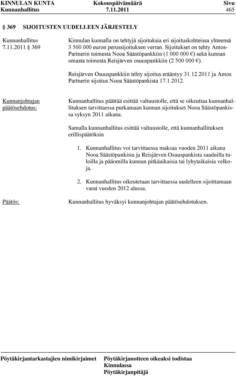 12.2011 ja Amos Partnerin sijoitus Nooa Säästöpankista 17.1.2012.