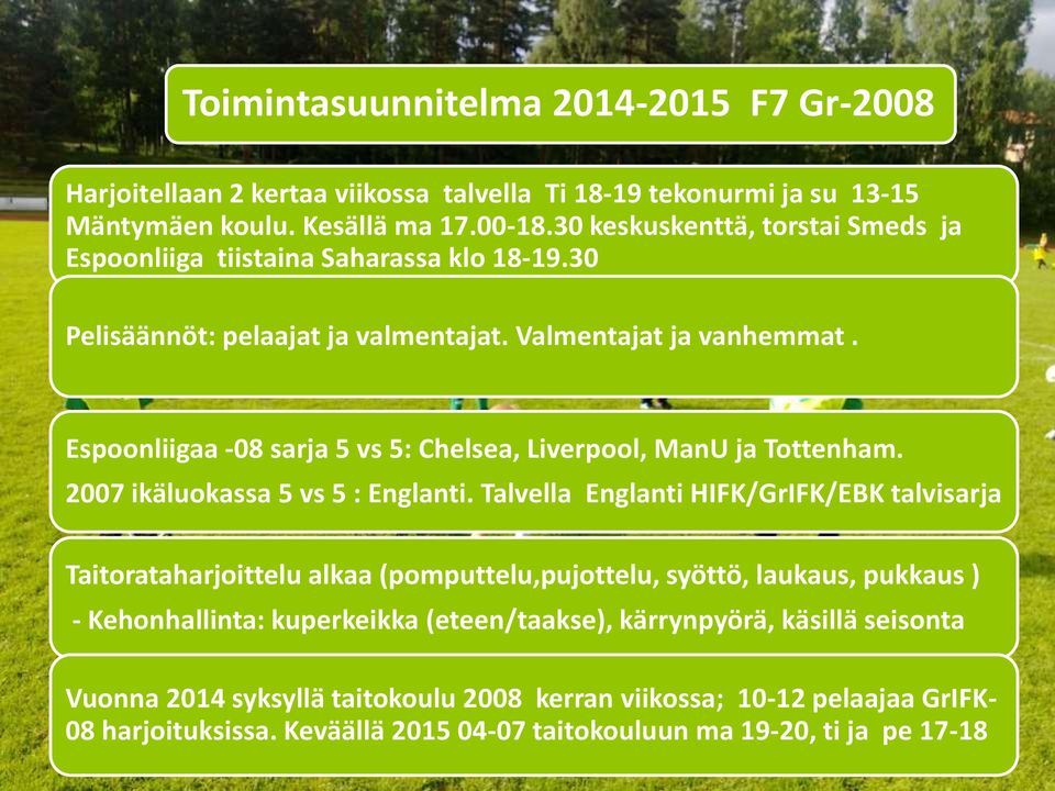 Espoonliigaa -08 sarja 5 vs 5: Chelsea, Liverpool, ManU ja Tottenham. 2007 ikäluokassa 5 vs 5 : Englanti.