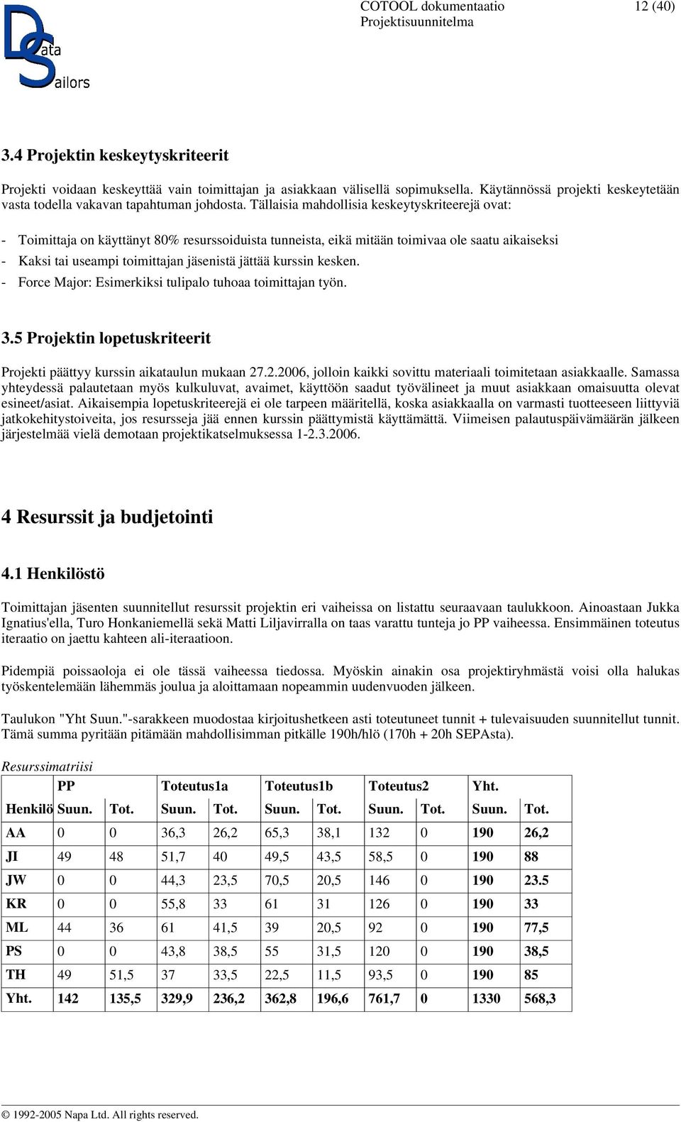 kurssin kesken. - Force Major: Esimerkiksi tulipalo tuhoaa toimittajan työn. 3.5 Projektin lopetuskriteerit Projekti päättyy kurssin aikataulun mukaan 27