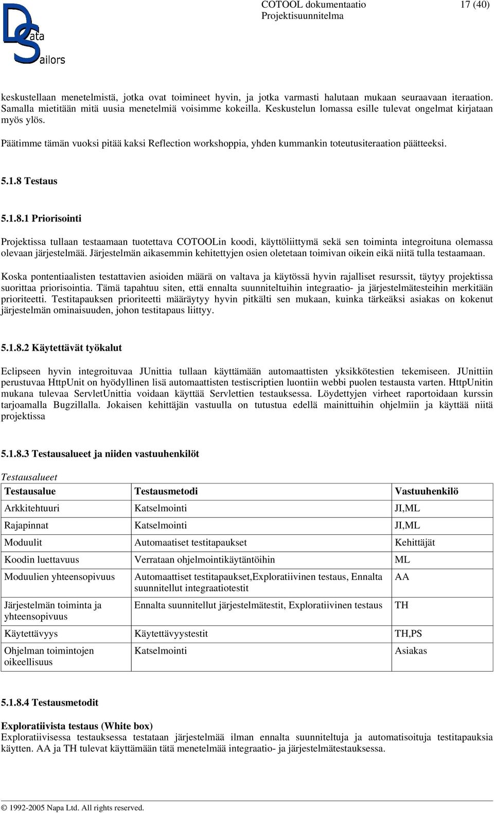 Testaus 5.1.8.1 Priorisointi Projektissa tullaan testaamaan tuotettava COTOOLin koodi, käyttöliittymä sekä sen toiminta integroituna olemassa olevaan järjestelmää.