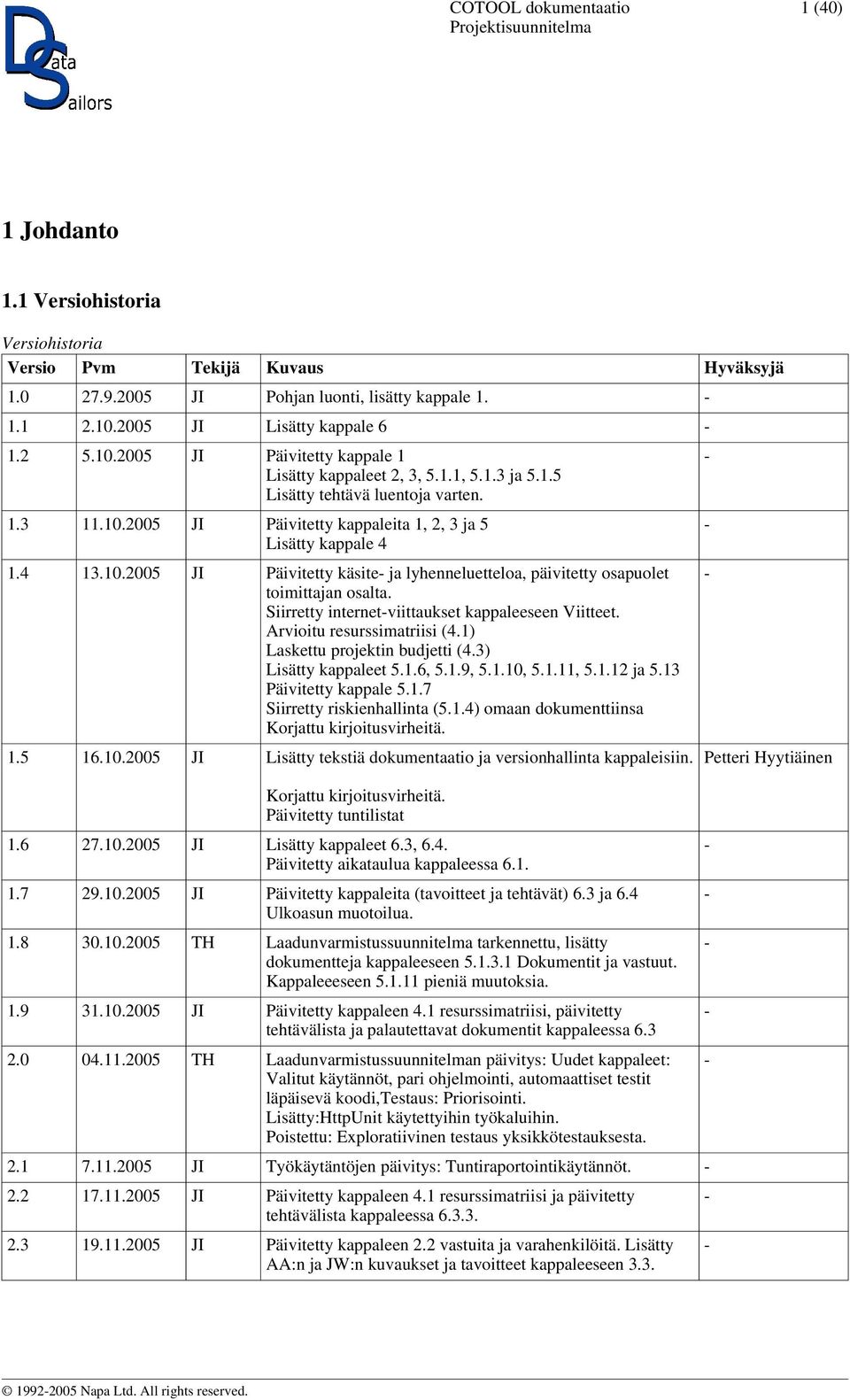 4 13.10.2005 JI Päivitetty käsite- ja lyhenneluetteloa, päivitetty osapuolet toimittajan osalta. Siirretty internet-viittaukset kappaleeseen Viitteet. Arvioitu resurssimatriisi (4.