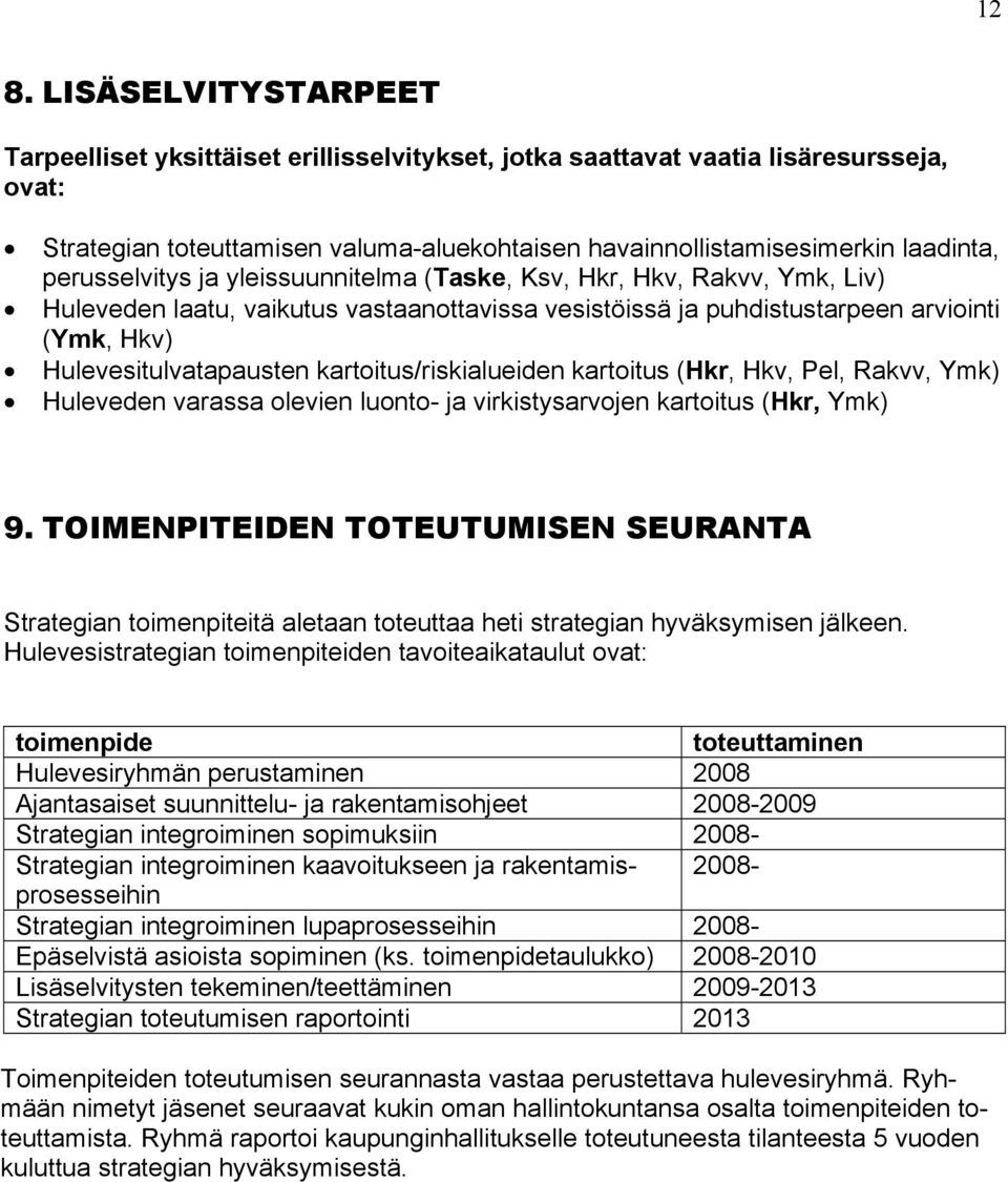 kartoitus/riskialueiden kartoitus (Hkr, Hkv, Pel, Rakvv, Ymk) Huleveden varassa olevien luonto- ja virkistysarvojen kartoitus (Hkr, Ymk) 9.