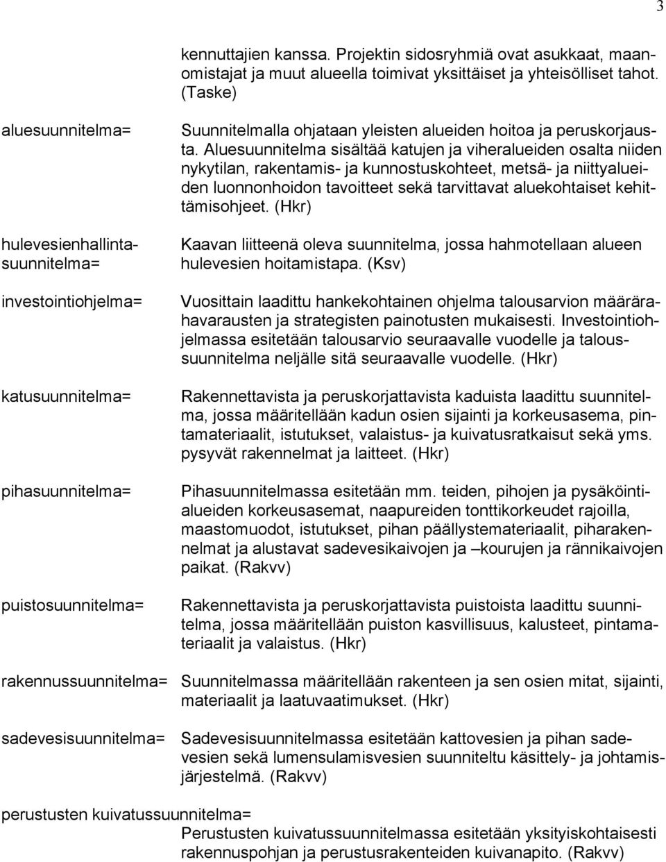 Aluesuunnitelma sisältää katujen ja viheralueiden osalta niiden nykytilan, rakentamis- ja kunnostuskohteet, metsä- ja niittyalueiden luonnonhoidon tavoitteet sekä tarvittavat aluekohtaiset