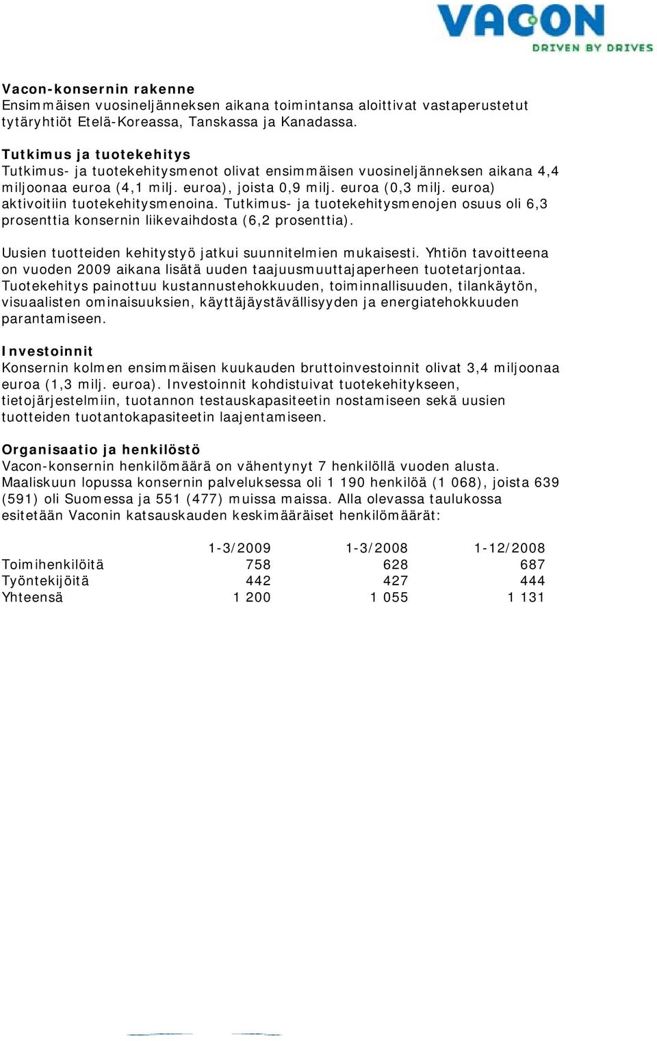 euroa) aktivoitiin tuotekehitysmenoina. Tutkimus- ja tuotekehitysmenojen osuuss oli 6,3 prosenttia konsernin liikevaihdosta (6,2 prosenttia).