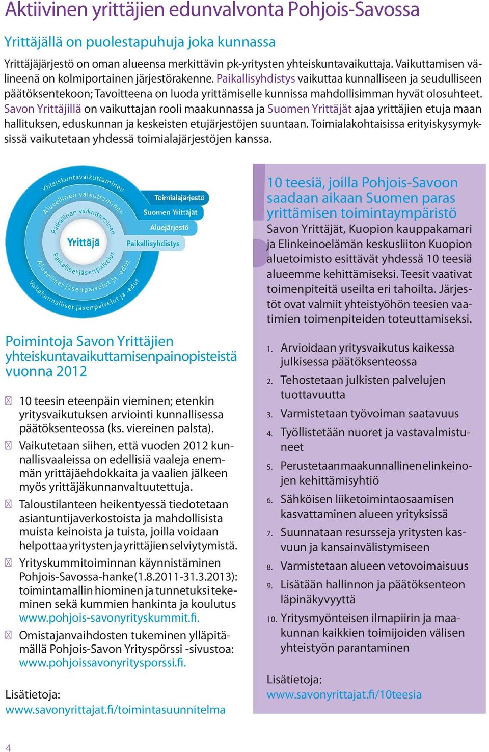 Paikallisyhdistys vaikuttaa kunnalliseen ja seudulliseen päätöksentekoon; Tavoitteena on luoda yrittämiselle kunnissa mahdollisimman hyvät olosuhteet.