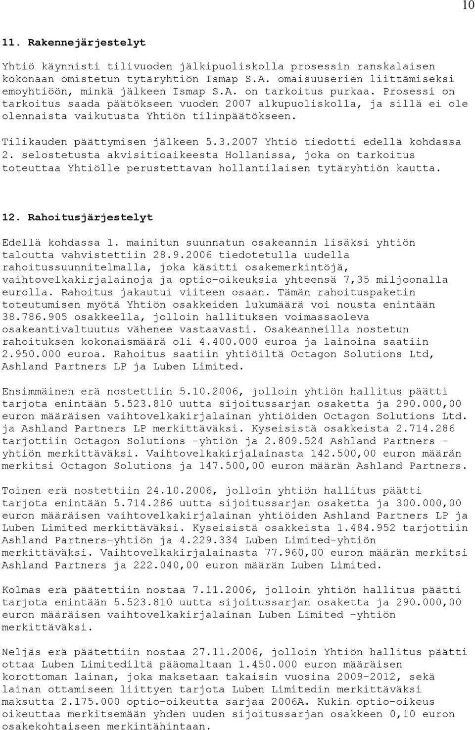 2007 Yhtiö tiedotti edellä kohdassa 2. selostetusta akvisitioaikeesta Hollanissa, joka on tarkoitus toteuttaa Yhtiölle perustettavan hollantilaisen tytäryhtiön kautta. 12.