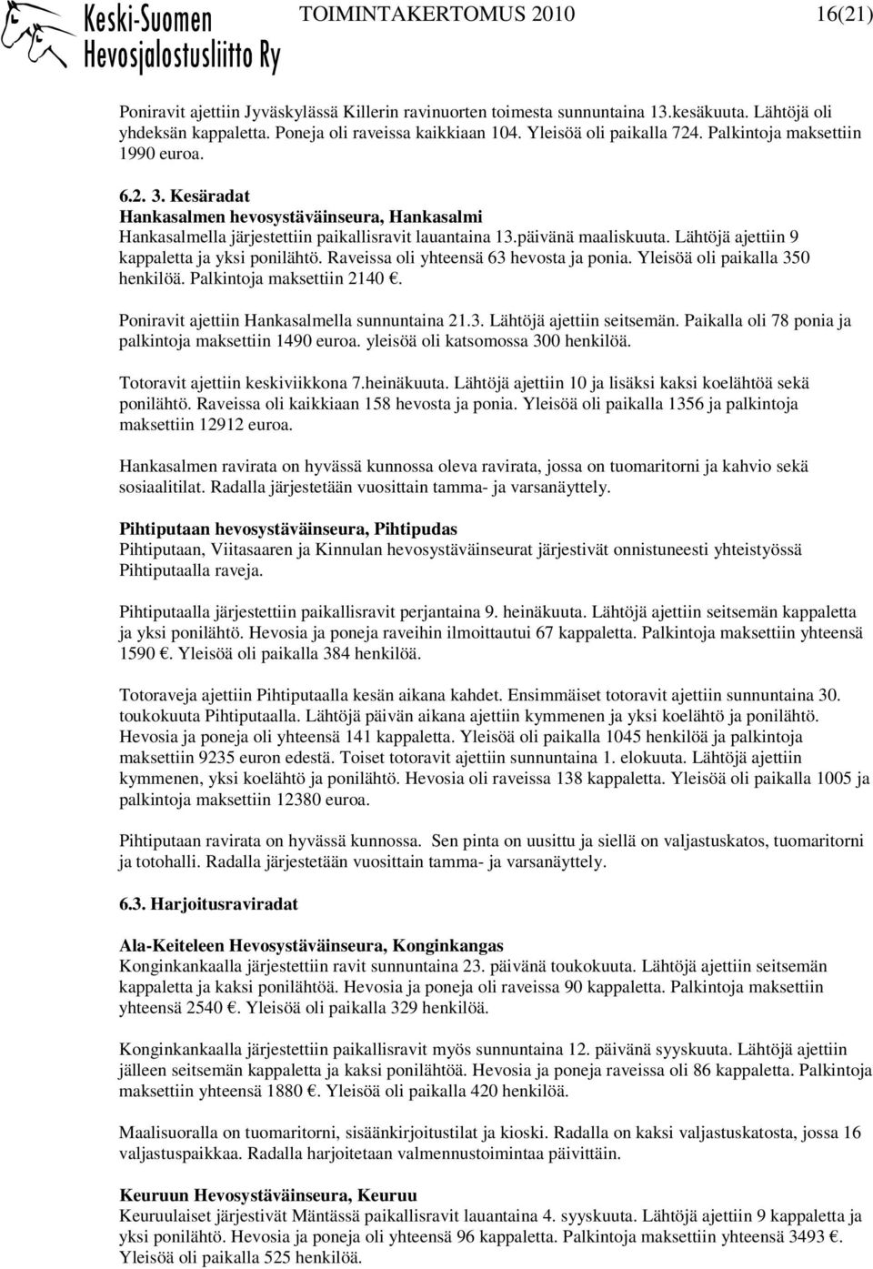 Lähtöjä ajettiin 9 kappaletta ja yksi ponilähtö. Raveissa oli yhteensä 63 hevosta ja ponia. Yleisöä oli paikalla 350 henkilöä. Palkintoja maksettiin 2140.