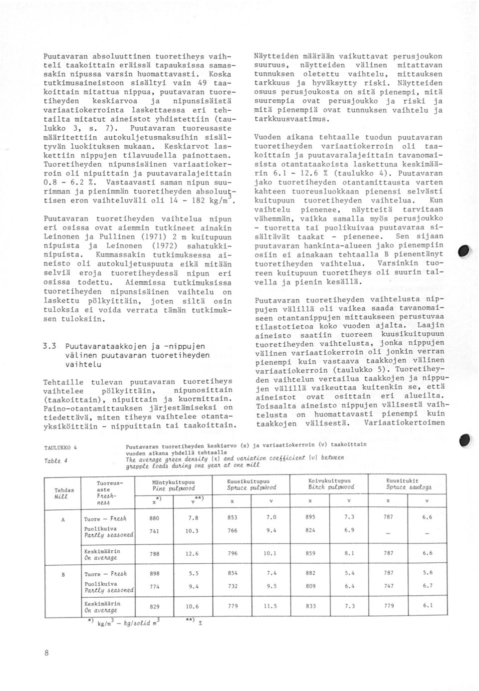 yhdistettiin (taulukko 3, s. 7). Puutavaran tuoreusaste määritettiin autokuljetusmaksuihin sisältyvän luokituksen mukaan. Keskiarvot laskettiin nippujen tilavuudella painottaen.