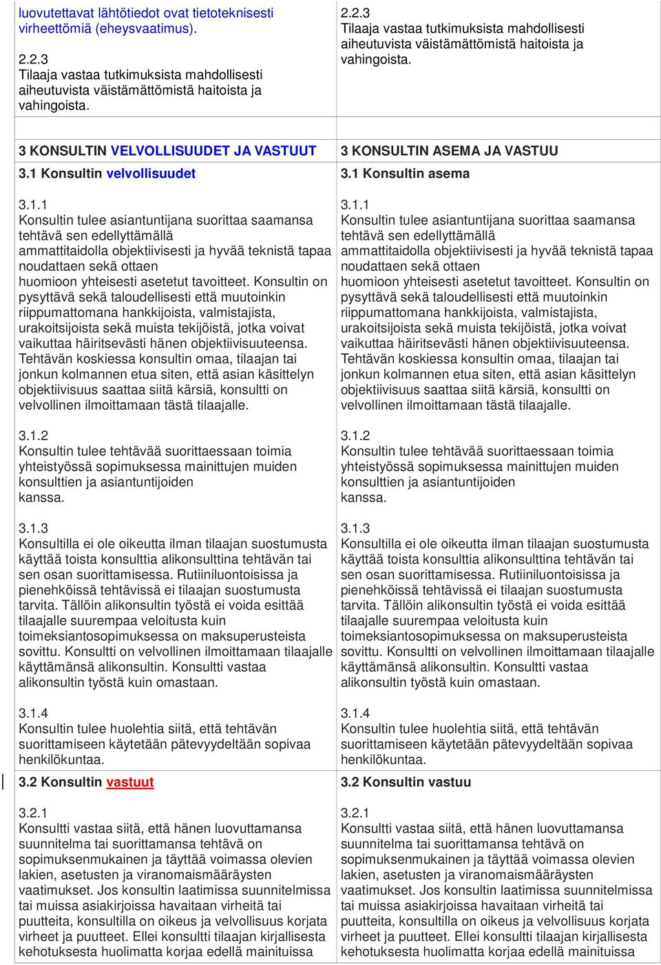 1 Konsultin velvollisuudet 3.1.1 Konsultin tulee asiantuntijana suorittaa saamansa tehtävä sen edellyttämällä ammattitaidolla objektiivisesti ja hyvää teknistä tapaa noudattaen sekä ottaen huomioon yhteisesti asetetut tavoitteet.